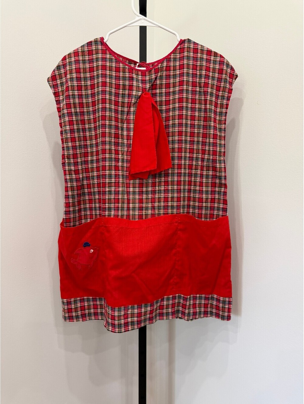 Vintage Red Plaid Apron with Red Accent and Embroidered Fish Pocket